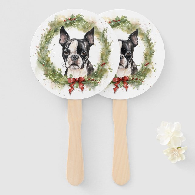 Leque Boston Terrier Christmas Wreath Festivo Pup (Frente e Verso)