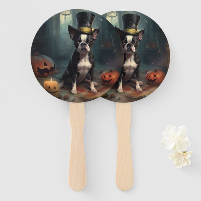 Leque Boston Terrier Pumpkins Halloween Assustado (Frente e Verso)