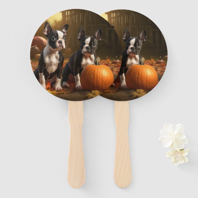 Leque Boston Terrier Puppy Autumn Delight Pumpkin (Frente e Verso)