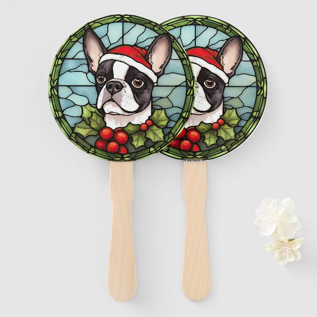 Leque Boston Terrier Vidro Colorido Natal (Frente e Verso)