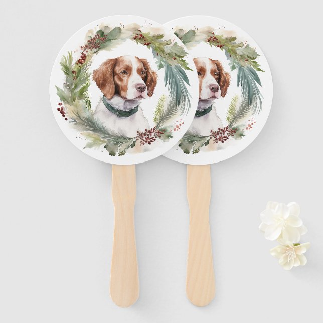 Leque Brittany Spaniel Wreath Festivo Pup (Frente e Verso)