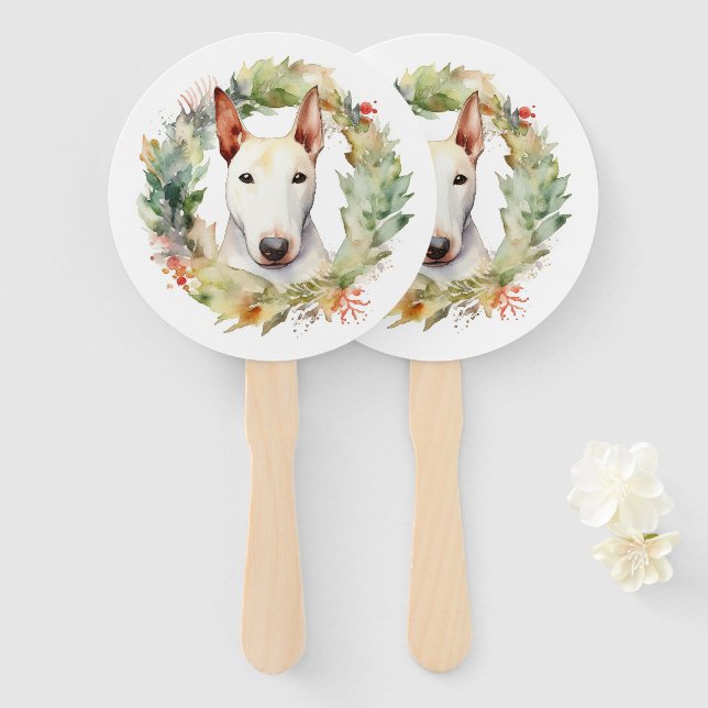 Leque Bull Terrier Christmas Wreath Festivo Pup (Frente e Verso)
