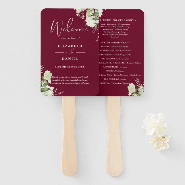 Leque Burgundy Floral Greenery Weding Program (Frente e Verso)