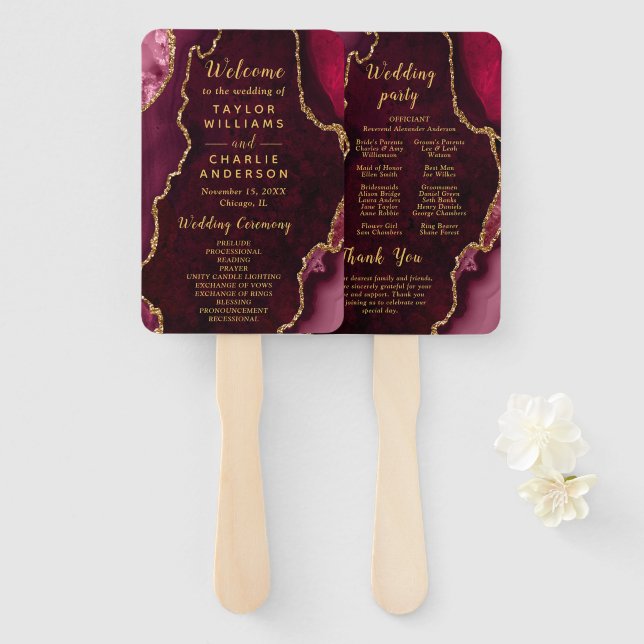 Leque Burgundy Red and Gold Agate Wedding Program (Frente e Verso)