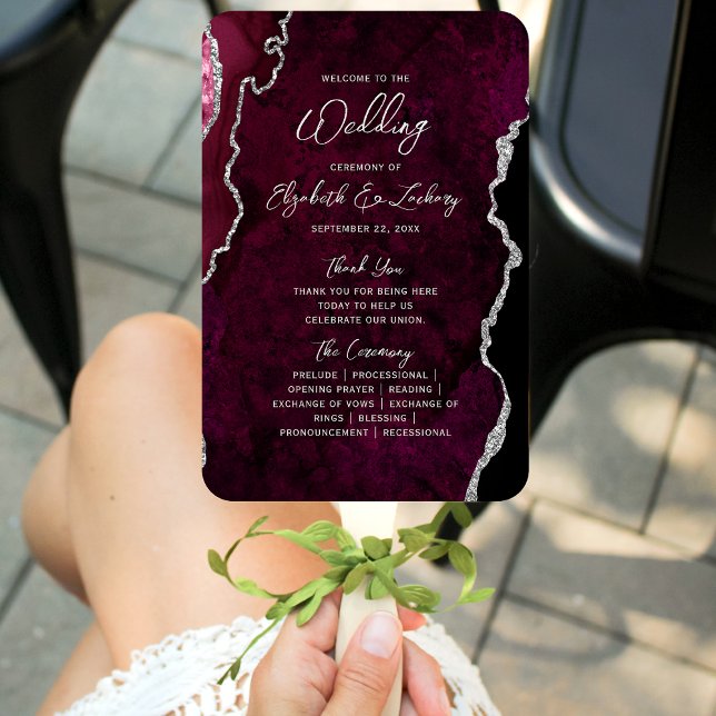 Leque Burgundy Silver Agate Script Wedding Program (Criador carregado)