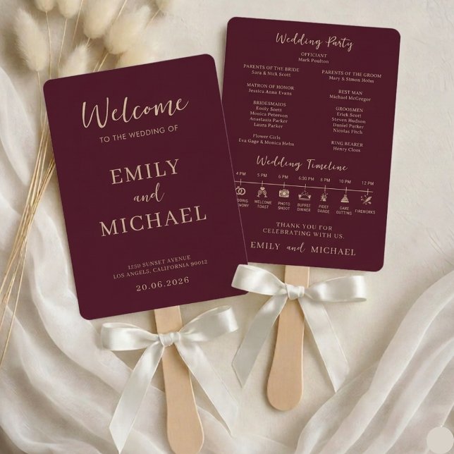 Leque Burgundy Wedding Program Timeline Elegant Modern (Criador carregado)