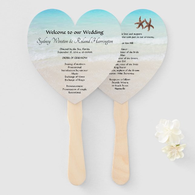 Leque By the Sea Heart-Shaped Wedding Fan Program (Frente e Verso)