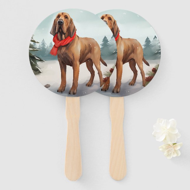Leque Cachorro Bloodhound na Neve Natal (Frente e Verso)