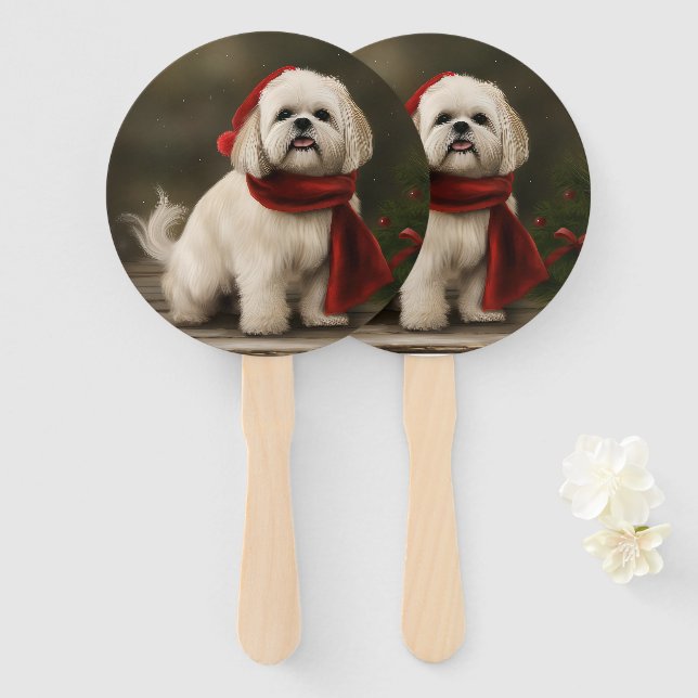 Leque Cachorro Lhasa Apso na Neve Natal (Frente e Verso)