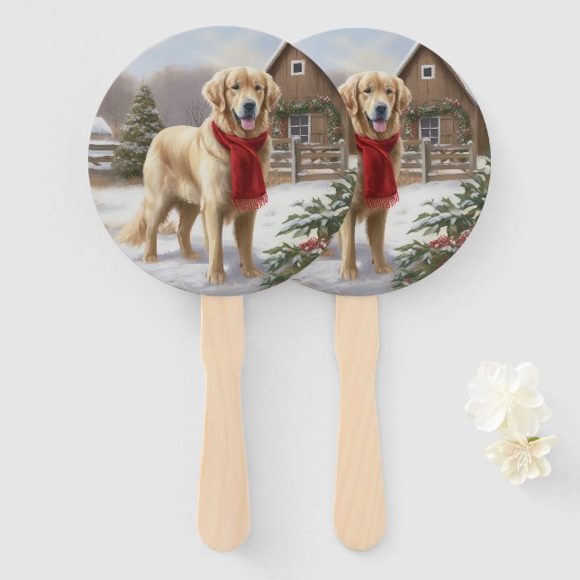 Leque Cachorro Retriever Dourado na Neve Natal  (Frente e Verso)
