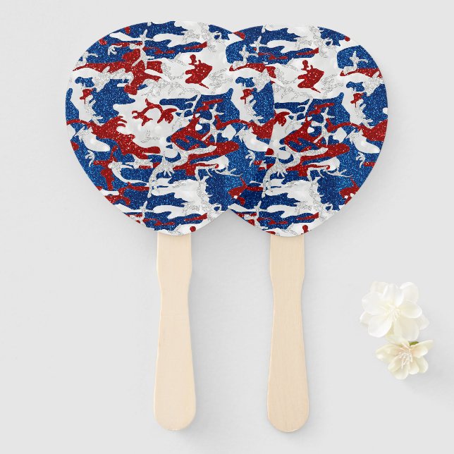 Leque Camuflagem Vermelho, Branco e Azul com Glitter 4 d (Frente e Verso)