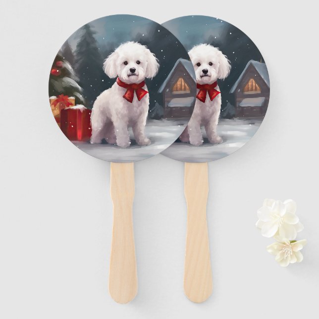 Leque Cão Bichon Frise na Neve Natal  (Frente e Verso)