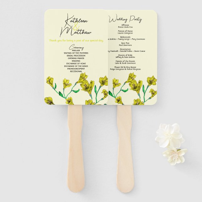 Leque Casamento Amarelo de Aquarela Floral (Frente e Verso)