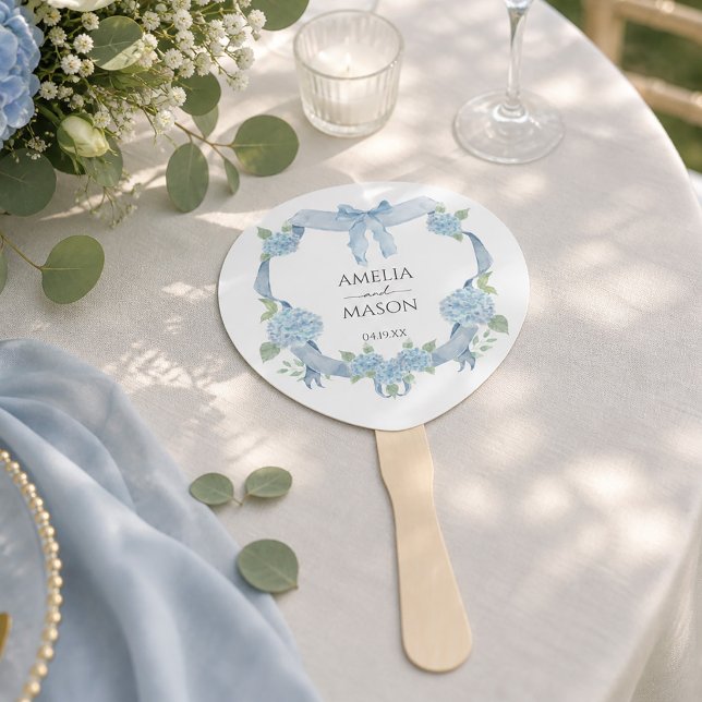 Leque Casamento Aquarela com Crista de Hortênsia Azul Em (Dusty Blue Hydrangea Crest Watercolor Wedding Hand Fan)