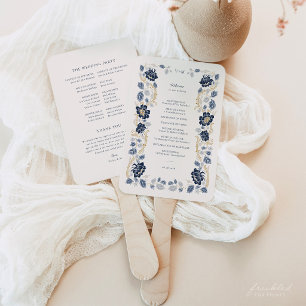 Leque Casamento Art Nouveau Floral Azul Naval Dourado