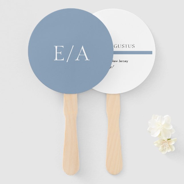 Leque Casamento Azul Poeirento Simples Elegante Monogram (Frente e Verso)