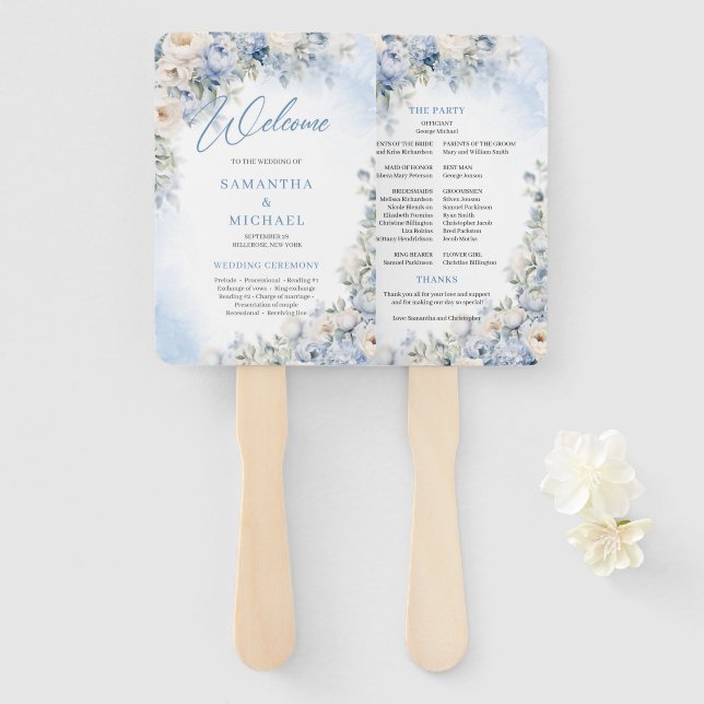 Leque Casamento Boho Elegante Dusty Blue e Ivory Flowers (Frente e Verso)