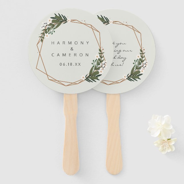 Leque Casamento Boho Geométrico Moderno com Dourado e Ve (Frente e Verso)