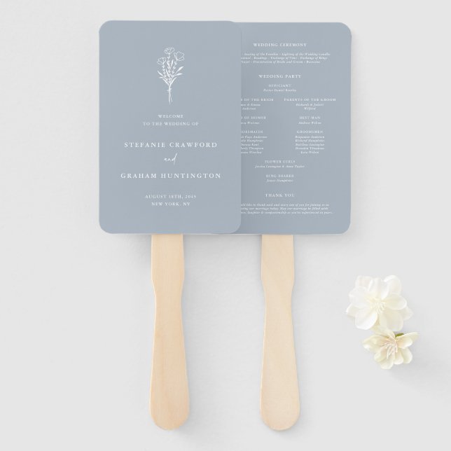 Leque Casamento Botânico Minimalista Boho Azul Empoeirad (Frente e Verso)