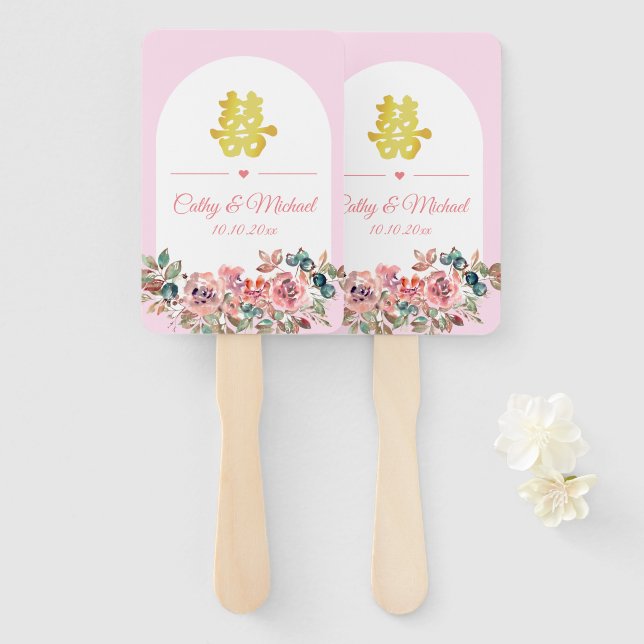 Leque casamento chinês cor-de-rosa-branco-floral (Frente e Verso)