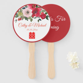Leque Casamento chinês moderno floral aquarela rosa verm