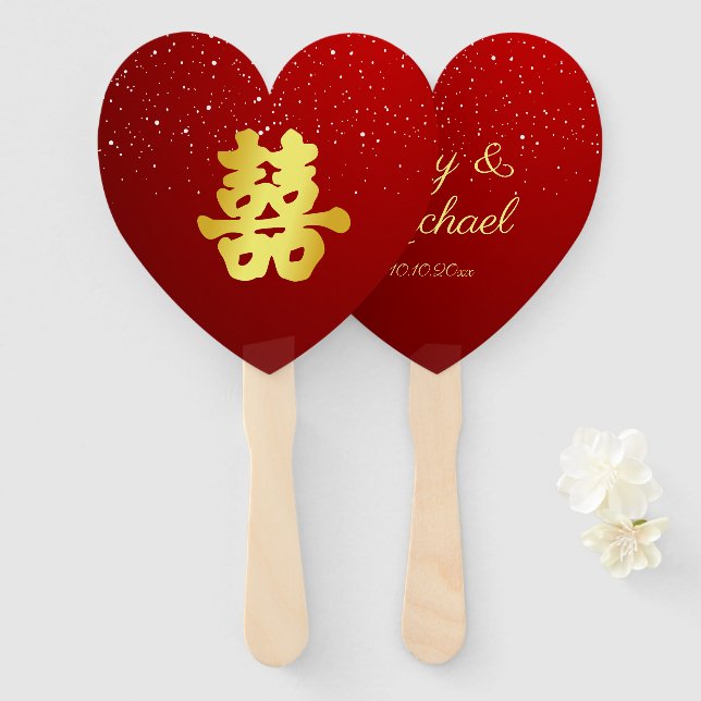Leque Casamento chinês vermelho floco de neve dupla feli (Frente e Verso)