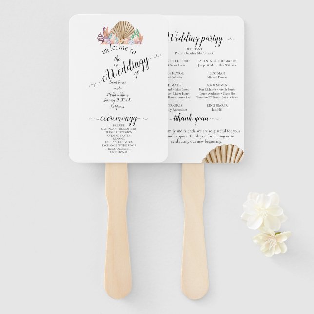 Leque Casamento com a praia de Coral & Seashell (Frente e Verso)