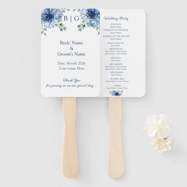 Leque Casamento com Floral em Azul Desbotado em Aquarela (Frente e Verso)