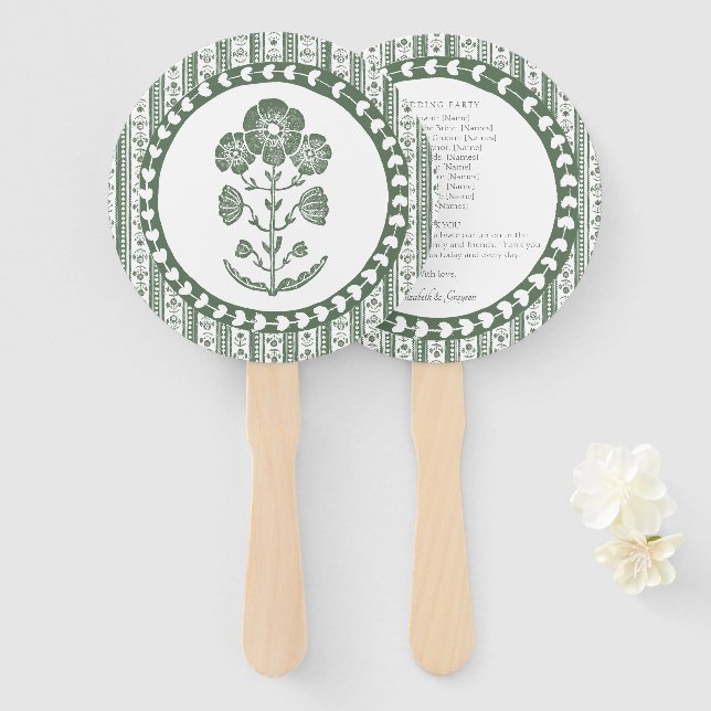 Leque Casamento com Impressão Botânica Verde e Branco em (Frente e Verso)