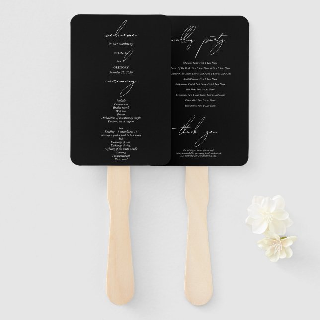 Leque Casamento com Letra de Caligrafia Preta e Branca (Frente e Verso)