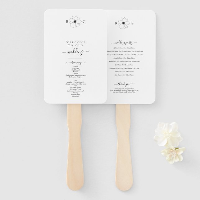 Leque Casamento com Monograma Minimalista de Flores Silv (Frente e Verso)
