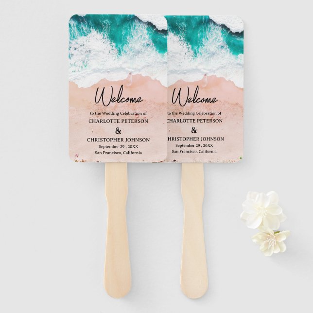 Leque Casamento com Ondas do Mar e Areia da Praia (Frente e Verso)