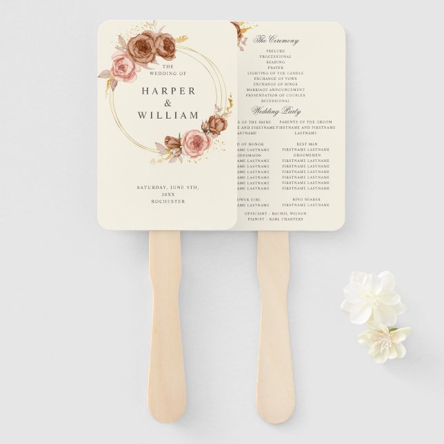 Leque casamento da terra de ouro rosa-macio do champanhe (Frente e Verso)