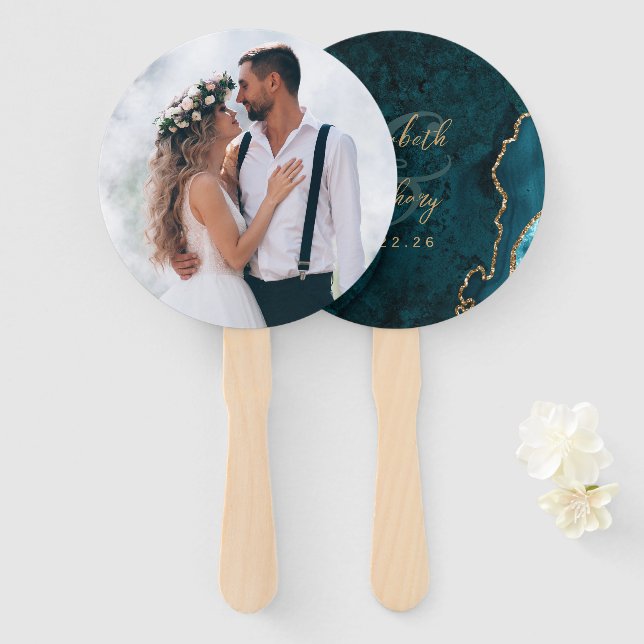 Leque Casamento de Ágata Azul Teal Dourado Roteiro (Frente e Verso)