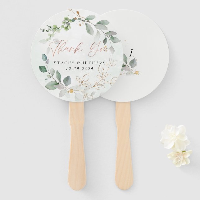 Leque Casamento de Caligrafia Dourada Rustic Eucalyptus (Frente e Verso)