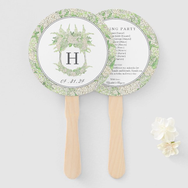 Leque Casamento de Crest de Hydrangea Verde e Branca (Frente e Verso)