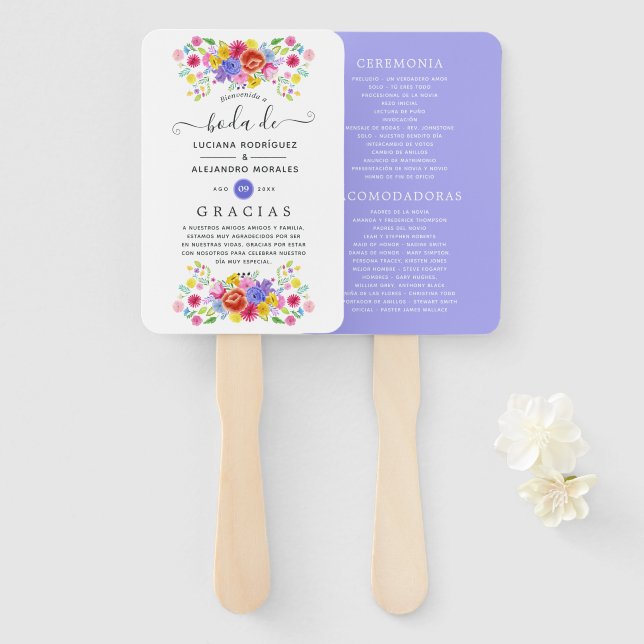 Leque Casamento de Festa Espanhola Floral em Aquarela (Frente e Verso)