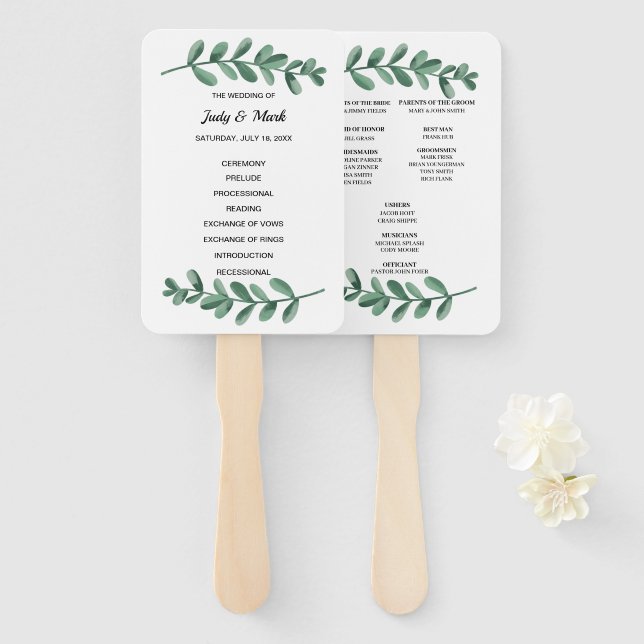 Leque Casamento de Folhas Verdes Clássicas Elegante (Frente e Verso)