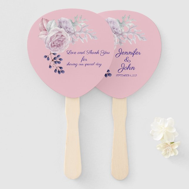 Leque Casamento de Frames Geométricos Roxos Pink Peonies (Frente e Verso)