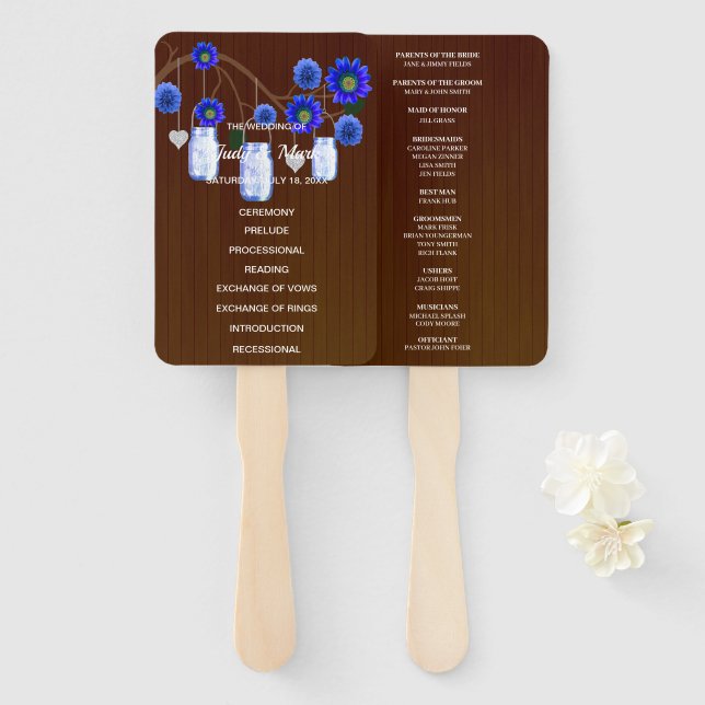 Leque Casamento de Mason Jars Floral Azul-Russo Escuro (Frente e Verso)