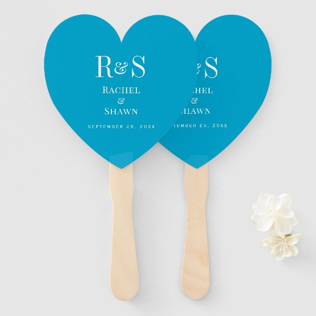 Leque Casamento de Monograma Moderno de Quic Azul Elegan (Frente e Verso)