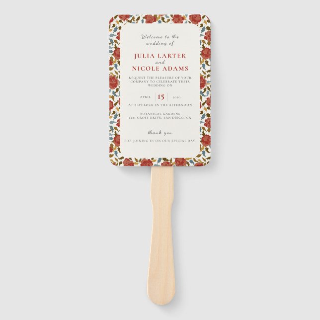 Leque Casamento de Ouro de Rosa vermelha Elegante Dusty (Frente)