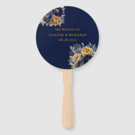 Leque Casamento de Peões Azuis e Dourados com Aquarelas
