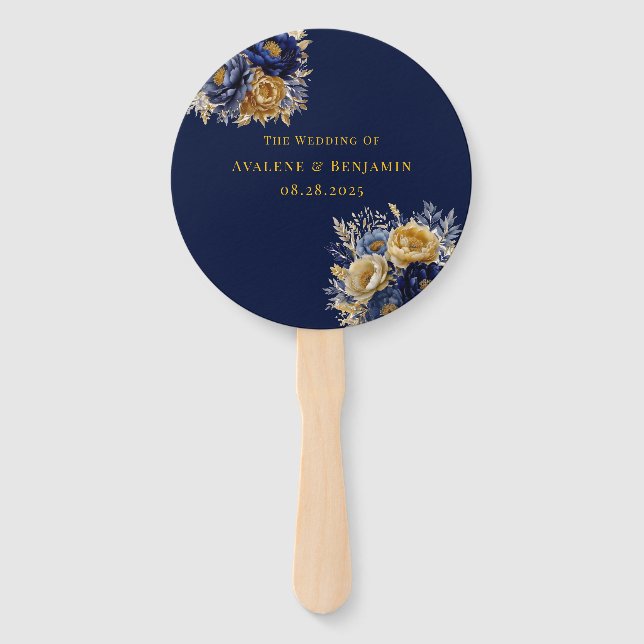 Leque Casamento de Peões Azuis e Dourados com Aquarelas (Frente)