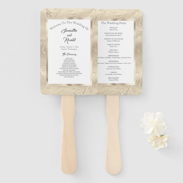 Leque Casamento de Sandy Dourado Faux Foil Elegante (Frente e Verso)