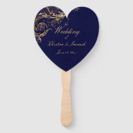Leque Casamento de Script Floral Dourado e Azul Elegante