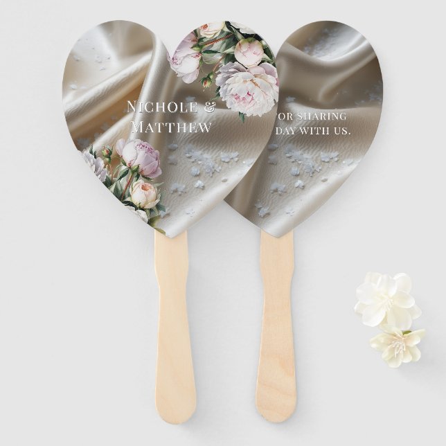 Leque Casamento de Seda Branca com Rosas e Peônia (Frente e Verso)