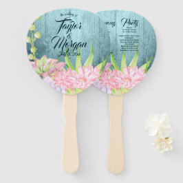 Leque Casamento de Teal com Suculentes de Aquarelas Magi