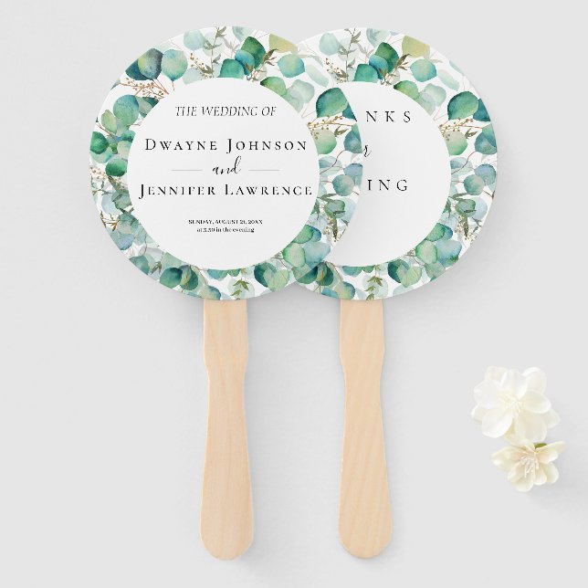 Leque Casamento de Verão com Verde Folhagem de Eucalipto (Frente e Verso)