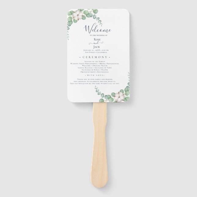 Leque Casamento de Verão de Eucalyptus Greenery Rustic. (Frente)